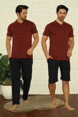 Erkek Kısa Kollu Bordo V Yaka 3Lü Pijama Takım Akbeniz 6822
