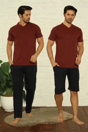 Erkek Kısa Kollu Bordo V Yaka 3Lü Pijama Takım Akbeniz 6822