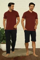 Erkek Kısa Kollu Bordo V Yaka 3Lü Pijama Takım Akbeniz 6822 Bordo