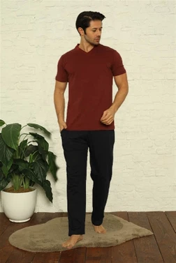 Erkek Kısa Kollu Bordo V Yaka 3Lü Pijama Takım Akbeniz 6822 - Alternatif Görünüm