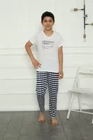 Penye Erkek Çocuk Kareli Pijama Takım Akbeniz 20390 Beyaz detay görünüm