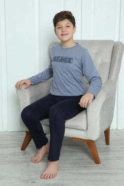 Gri Uzun Kollu Erkek Çocuk Penye Pijama Takım Akbeniz 20411