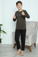 Black Yazılı Erkek Çocuk Penye Pijama Takım Akbeniz 20419 Haki