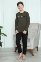 Black Yazılı Erkek Çocuk Penye Pijama Takım Akbeniz 20419 Haki detay görünüm