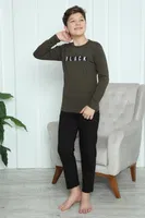 Black Yazılı Erkek Çocuk Penye Pijama Takım Akbeniz 20419 Haki görsel 4