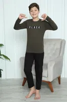Black Yazılı Erkek Çocuk Penye Pijama Takım Akbeniz 20419 Haki görsel 5