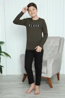Black Yazılı Erkek Çocuk Penye Pijama Takım Akbeniz 20419 Haki görsel 6