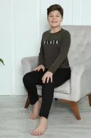 Black Yazılı Erkek Çocuk Penye Pijama Takım Akbeniz 20419 Haki görsel 7