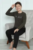 Black Yazılı Erkek Çocuk Penye Pijama Takım Akbeniz 20419 Haki görsel 8
