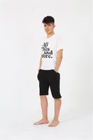 Garson Boy Kısa Kollu Önü Yazılı Penye Şortlu Pijama Takımı Akbeniz 20377 Ekru farklı açı