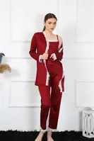 3Lü Bordo Kadın Pijama Sabahlık Takım Akbeniz 16108 Bordo