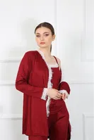3Lü Bordo Kadın Pijama Sabahlık Takım Akbeniz 16108 Bordo görsel 4
