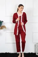 3Lü Bordo Kadın Pijama Sabahlık Takım Akbeniz 16108 Bordo görsel 5