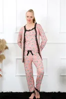 Siyah Dantelli 3Lü Kadın Sabahlık Pijama Takımı Akbeniz 16103 Somon