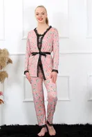Siyah Dantelli 3Lü Kadın Sabahlık Pijama Takımı Akbeniz 16103 Somon görsel 4