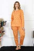 Çiçekli Büyük Beden Uzun Kollu Düğmeli Kadın Pijama Takım Akbeniz 75014 Turuncu