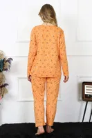 Çiçekli Büyük Beden Uzun Kollu Düğmeli Kadın Pijama Takım Akbeniz 75014 Turuncu görsel 4