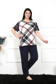 Desenli Kısa Kollu Battal Beden Kadın Pijama Takım Akbeniz 75003