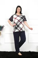 Desenli Kısa Kollu Battal Beden Kadın Pijama Takım Akbeniz 75003 Lacivert