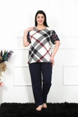 Desenli Kısa Kollu Battal Beden Kadın Pijama Takım Akbeniz 75003 - Alternatif Görünüm