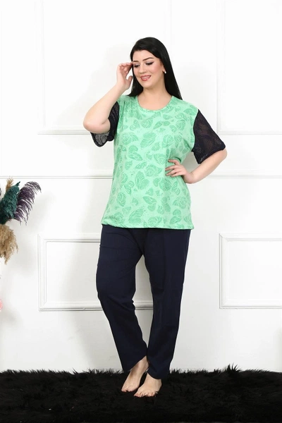Battal Beden Kısa Kollu Yeşil Kadın Pijama Takım Akbeniz 75004