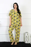 Yuvarlak Yaka Büyük Beden Kısa Kollu Pijama Takım Akbeniz 75007 Sarı
