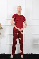 Çiçek Desenli Kısa Kollu Pijama Takımı Akbeniz 20388 Bordo detay görünüm