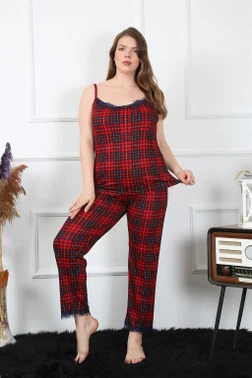 Ekoseli İp Askılı Büyük Beden Kadın Pijama Takım Akbeniz 202197