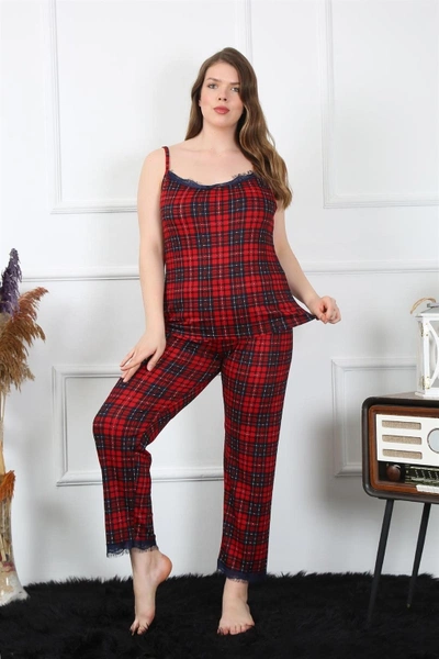 Ekoseli İp Askılı Büyük Beden Kadın Pijama Takım Akbeniz 202197