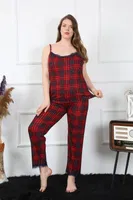 Ekoseli İp Askılı Büyük Beden Kadın Pijama Takım Akbeniz 202197 Kırmızı