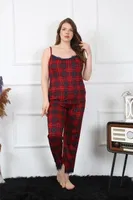 Ekoseli İp Askılı Büyük Beden Kadın Pijama Takım Akbeniz 202197 Kırmızı detay görünüm