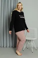 Çizgili Büyük Beden Penye Uzun Kollu Pijama Takım Akbeniz 202210 Siyah farklı açı