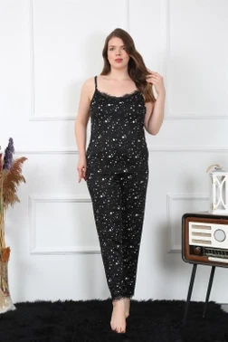 Büyük Beden Yıldızlı Siyah İnce Askılı Kadın Pijama Takım Akbeniz 202198
