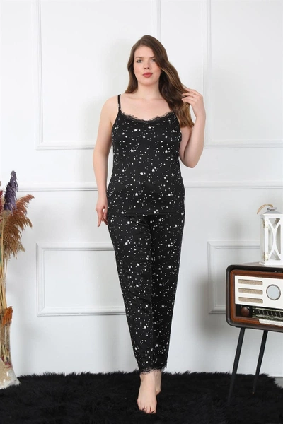 Büyük Beden Yıldızlı Siyah İnce Askılı Kadın Pijama Takım Akbeniz 202198