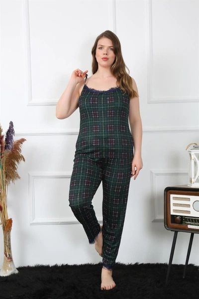 Büyük Beden Ekoseli İnce Askılı Kadın Pijama Takım Akbeniz 202197