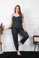 Büyük Beden Ekoseli İnce Askılı Kadın Pijama Takım Akbeniz 202197 Yeşil farklı açı