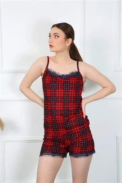 Ekoseli İnce Askılı Şortlu Kadın Pijama Takım Akbeniz 3599