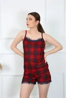 Ekoseli İnce Askılı Şortlu Kadın Pijama Takım Akbeniz 3599 Kırmızı