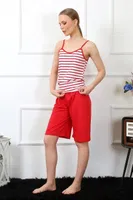 İp Askılı Çizgili Kadın Kapri Pijama Takım Akbeniz 3608 Kırmızı farklı açı