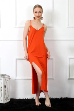 Akbeniz Yırtmaçlı Kadın İp Askılı Turuncu Uzun Gecelik Akbeniz 901