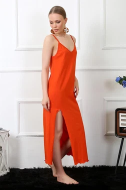 Akbeniz Yırtmaçlı Kadın İp Askılı Turuncu Uzun Gecelik Akbeniz 901 - Alternatif Görünüm