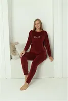 Kadife Bordo Cepli Yuvarlak Yaka Kadın Pijama Takım Akbeniz 20624 Bordo
