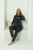 Önü Yazılı Kadife Gri Uzun Kollu Kadın Pijama Takım Akbeniz 20624 Füme görsel 4