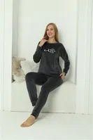 Önü Yazılı Kadife Gri Uzun Kollu Kadın Pijama Takım Akbeniz 20624 Füme görsel 6