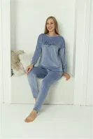 Yuvarlak Yaka Cepli Kadife Mavi Pijama Takım Akbeniz 20624 Mavi