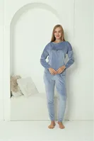 Yuvarlak Yaka Cepli Kadife Mavi Pijama Takım Akbeniz 20624 Mavi detay görünüm