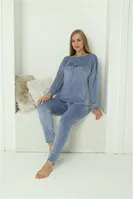 Yuvarlak Yaka Cepli Kadife Mavi Pijama Takım Akbeniz 20624 Mavi farklı açı