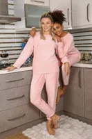 Kendinden Desenli Uzun Kollu Kadife Pijama Takım Akbeniz 4183 Pembe