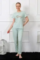Kısa Kollu Önü Yazılı Kadın Pijama Takım Akbeniz 4140 Su Yeşili