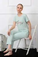 Kısa Kollu Önü Yazılı Kadın Pijama Takım Akbeniz 4140 Su Yeşili detay görünüm